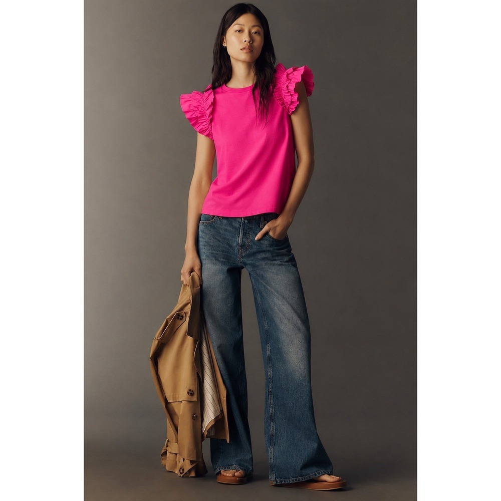 English Factory Pink Ruffle Cap Sleeve Tee NWOT Size S Cotton Slub Top Feminine
